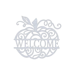 An intricately designed aluminum wall art piece shaped like a pumpkin, featuring swirling cut-out patterns and the word 'WELCOME' across the center. The piece showcases elegant vine details and a leaf at the top, combining both modern and rustic design elements. The metal's brushed texture adds depth, displayed against a black background.